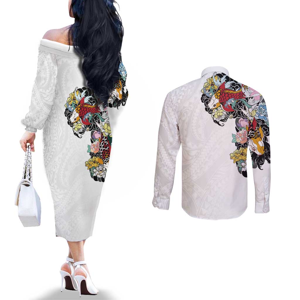 Hawaiian and Japanese Together Couples Matching Off The Shoulder Long Sleeve Dress and Long Sleeve Button Shirt Colorful Traditional Japanese Tattoo and Kakau Pattern White Color