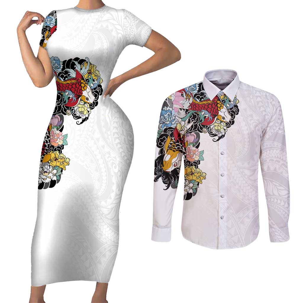 Hawaiian and Japanese Together Couples Matching Short Sleeve Bodycon Dress and Long Sleeve Button Shirt Colorful Traditional Japanese Tattoo and Kakau Pattern White Color LT03 White - Polynesian Pride