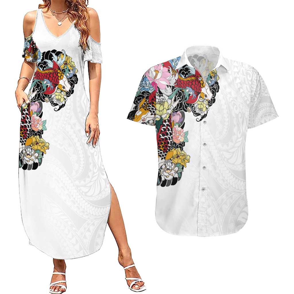 Hawaiian and Japanese Together Couples Matching Summer Maxi Dress and Hawaiian Shirt Colorful Traditional Japanese Tattoo and Kakau Pattern White Color LT03 White - Polynesian Pride