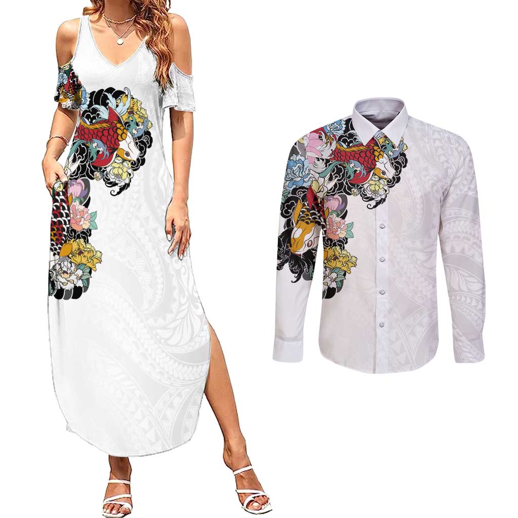 Hawaiian and Japanese Together Couples Matching Summer Maxi Dress and Long Sleeve Button Shirt Colorful Traditional Japanese Tattoo and Kakau Pattern White Color LT03 White - Polynesian Pride