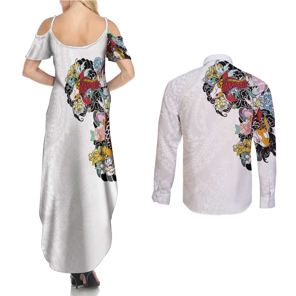 Hawaiian and Japanese Together Couples Matching Summer Maxi Dress and Long Sleeve Button Shirt Colorful Traditional Japanese Tattoo and Kakau Pattern White Color