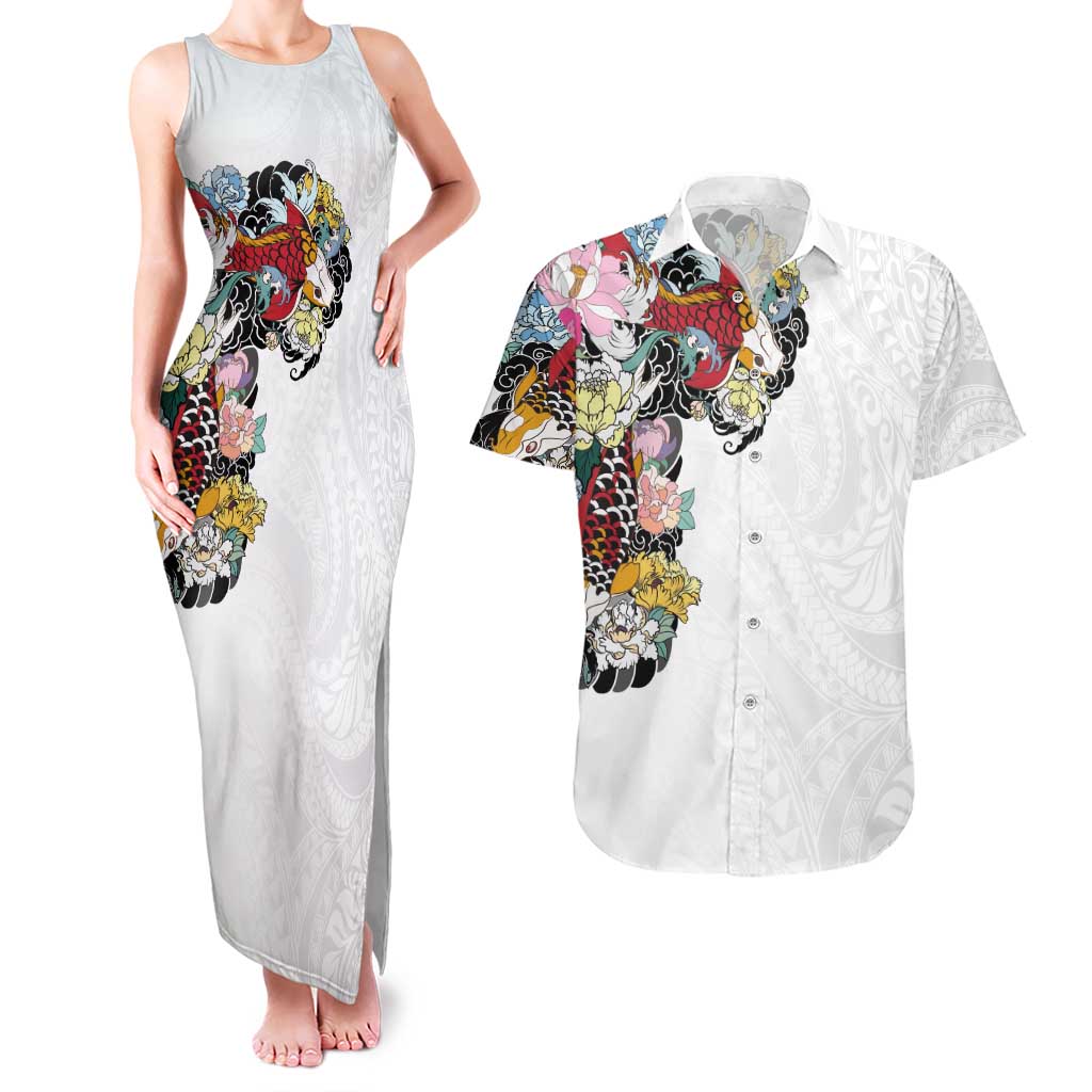 Hawaiian and Japanese Together Couples Matching Tank Maxi Dress and Hawaiian Shirt Colorful Traditional Japanese Tattoo and Kakau Pattern White Color LT03 White - Polynesian Pride