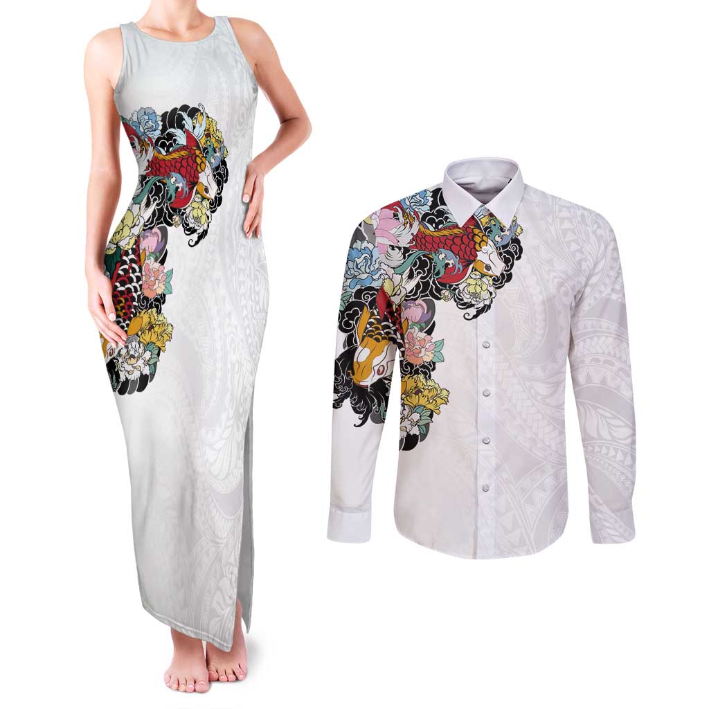 Hawaiian and Japanese Together Couples Matching Tank Maxi Dress and Long Sleeve Button Shirt Colorful Traditional Japanese Tattoo and Kakau Pattern White Color LT03 White - Polynesian Pride