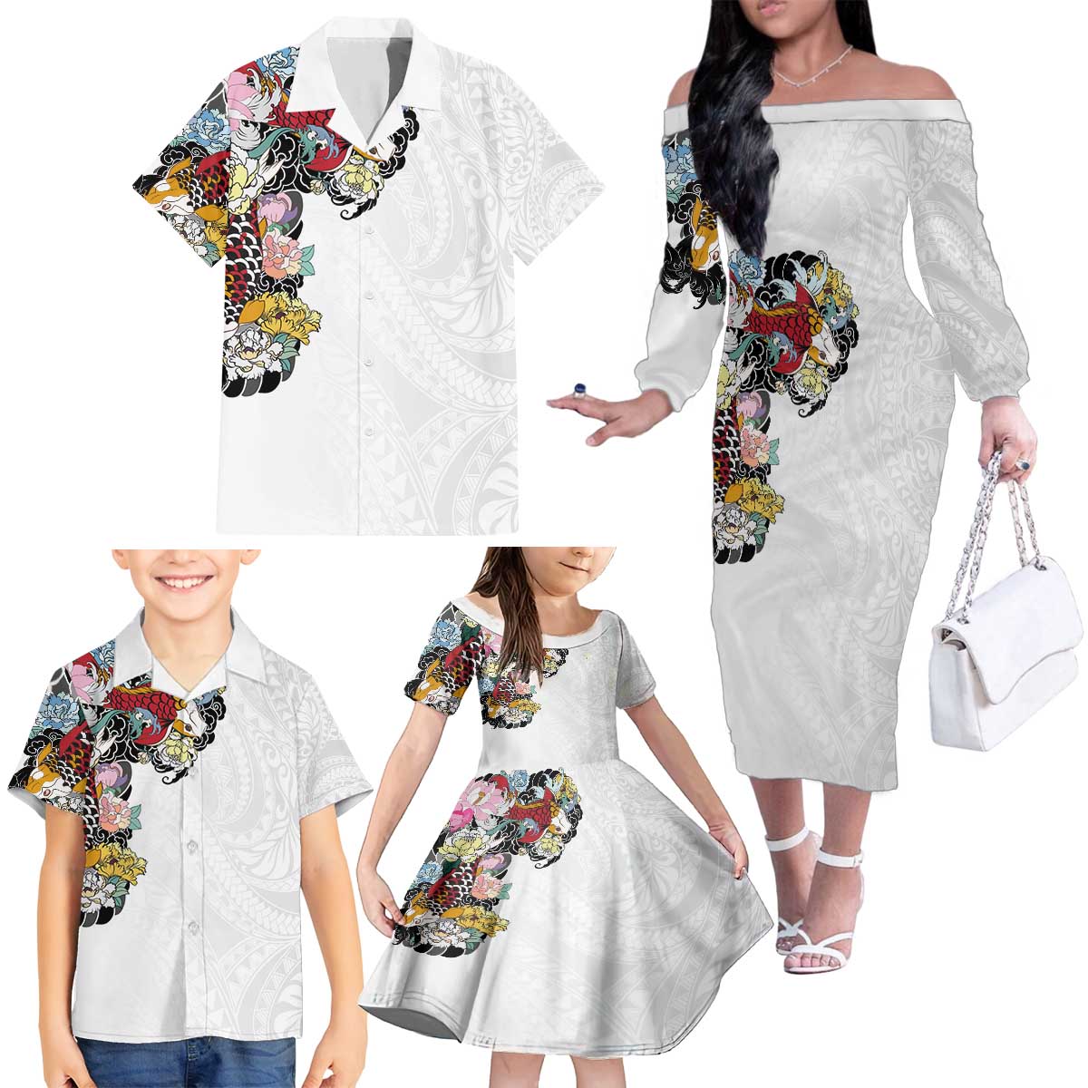 Hawaiian and Japanese Together Family Matching Off The Shoulder Long Sleeve Dress and Hawaiian Shirt Colorful Traditional Japanese Tattoo and Kakau Pattern White Color LT03 - Polynesian Pride