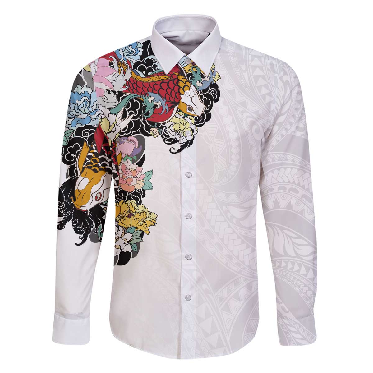 Hawaiian and Japanese Together Family Matching Off The Shoulder Long Sleeve Dress and Hawaiian Shirt Colorful Traditional Japanese Tattoo and Kakau Pattern White Color LT03 Dad's Shirt - Long Sleeve White - Polynesian Pride