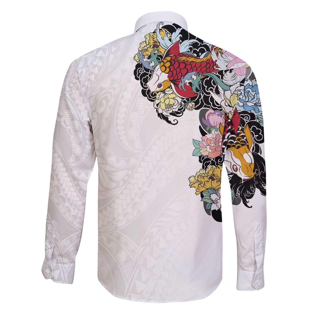 Hawaiian and Japanese Together Family Matching Off The Shoulder Long Sleeve Dress and Hawaiian Shirt Colorful Traditional Japanese Tattoo and Kakau Pattern White Color LT03 - Polynesian Pride