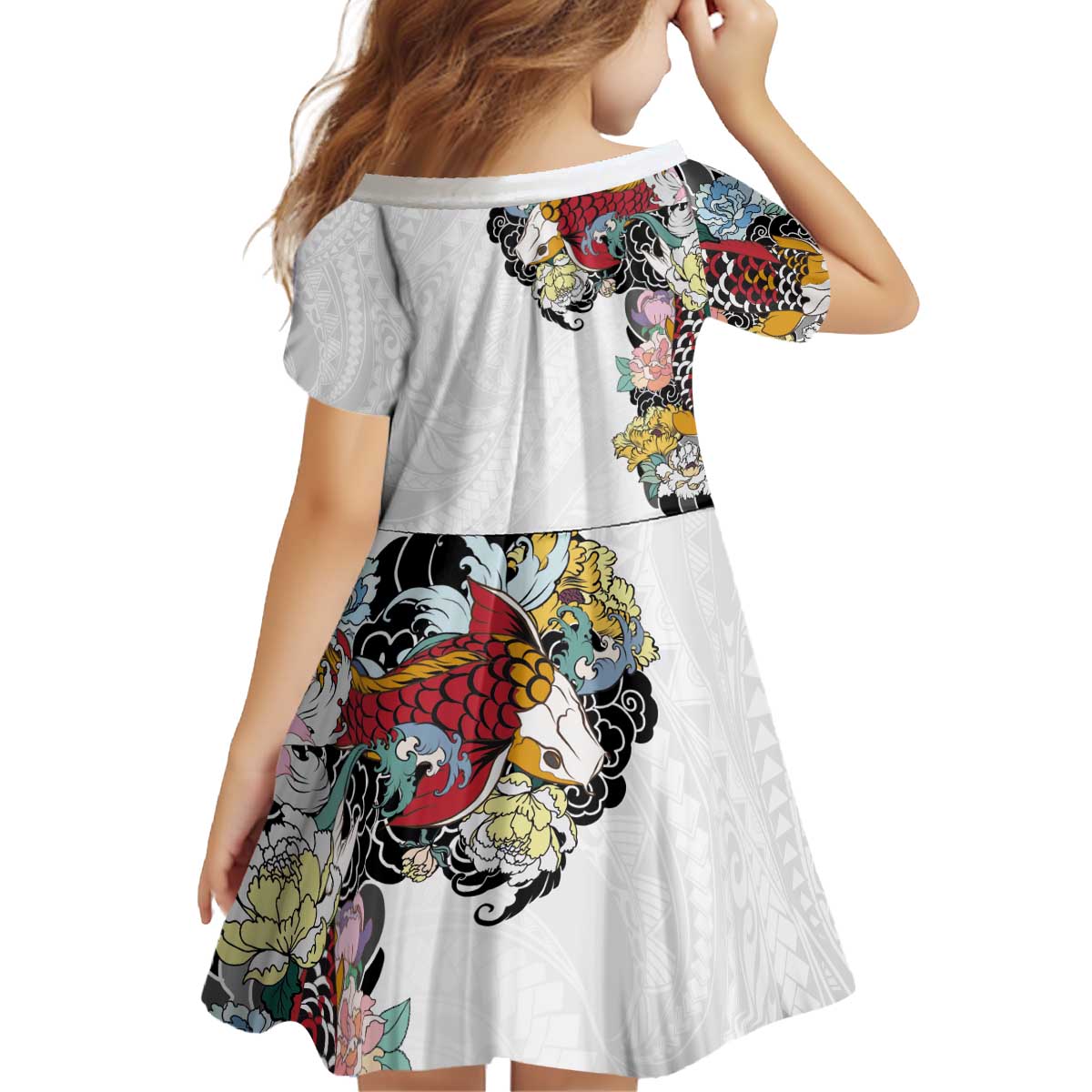 Hawaiian and Japanese Together Family Matching Off Shoulder Short Dress and Hawaiian Shirt Colorful Traditional Japanese Tattoo and Kakau Pattern White Color LT03 - Polynesian Pride