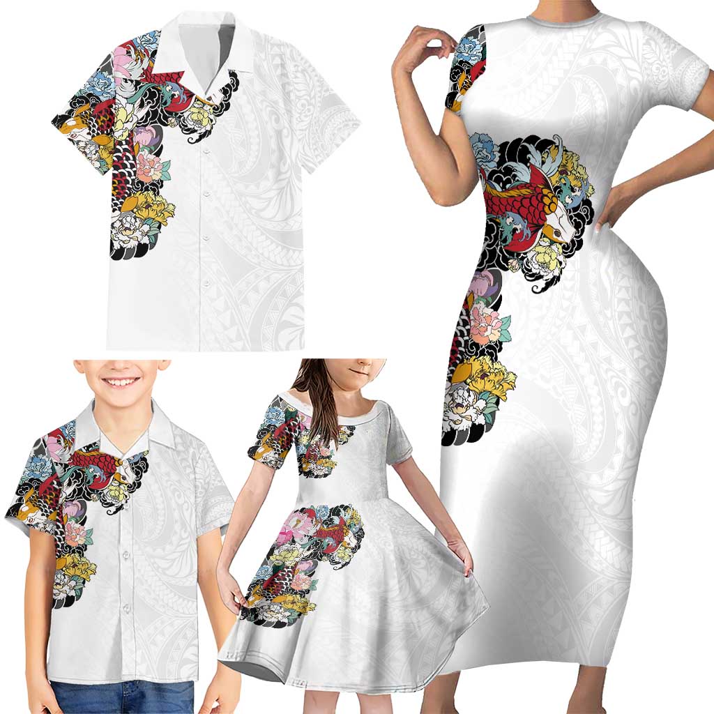 Hawaiian and Japanese Together Family Matching Short Sleeve Bodycon Dress and Hawaiian Shirt Colorful Traditional Japanese Tattoo and Kakau Pattern White Color LT03 - Polynesian Pride