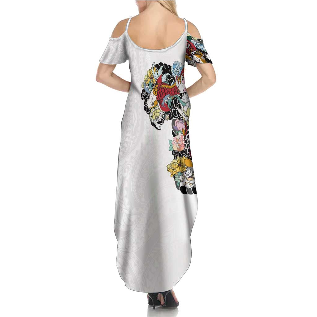 Hawaiian and Japanese Together Family Matching Summer Maxi Dress and Hawaiian Shirt Colorful Traditional Japanese Tattoo and Kakau Pattern White Color LT03 - Polynesian Pride