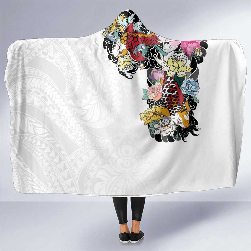 Hawaiian and Japanese Together Hooded Blanket Colorful Traditional Japanese Tattoo and Kakau Pattern White Color LT03 One Size White - Polynesian Pride