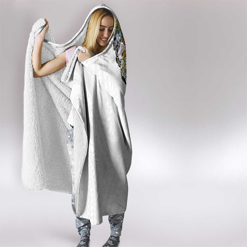 Hawaiian and Japanese Together Hooded Blanket Colorful Traditional Japanese Tattoo and Kakau Pattern White Color LT03 - Polynesian Pride