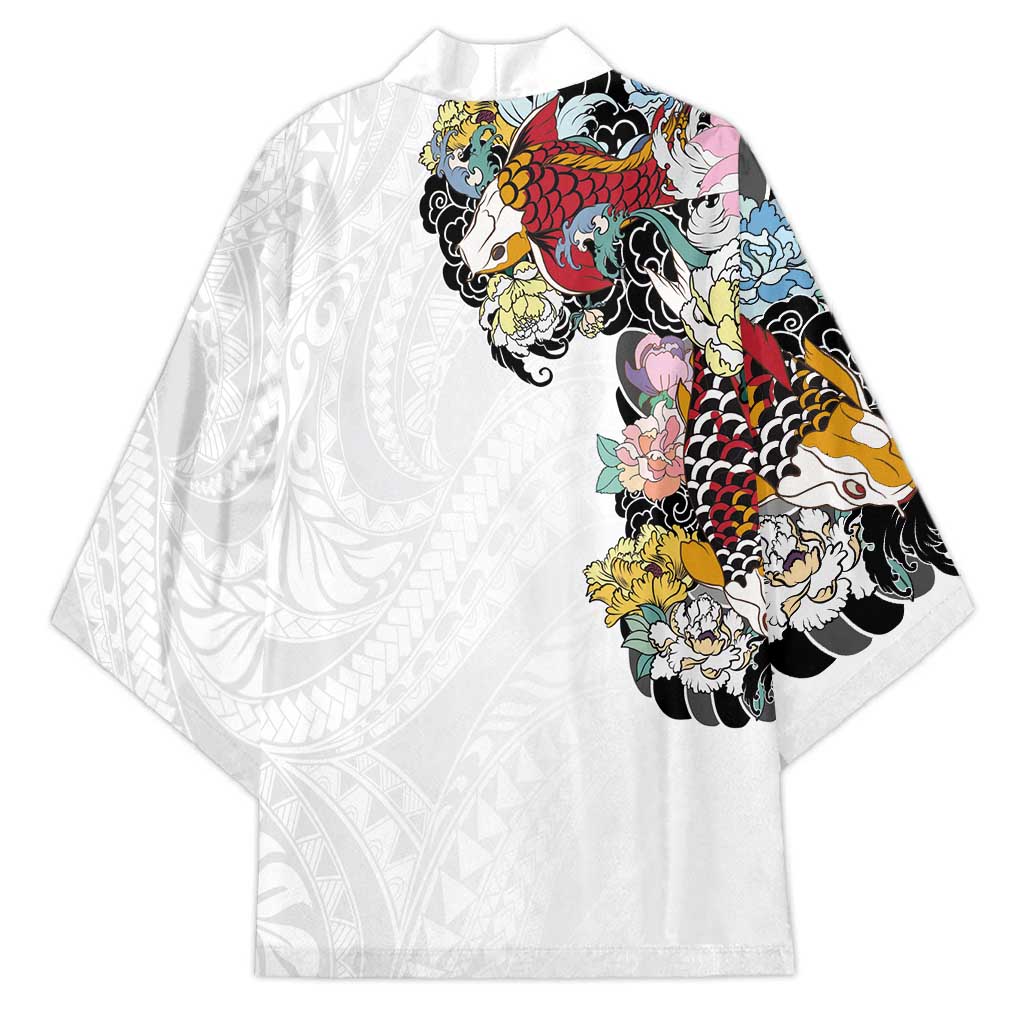 Hawaiian and Japanese Together Kimono Colorful Traditional Japanese Tattoo and Kakau Pattern White Color - Polynesian Pride