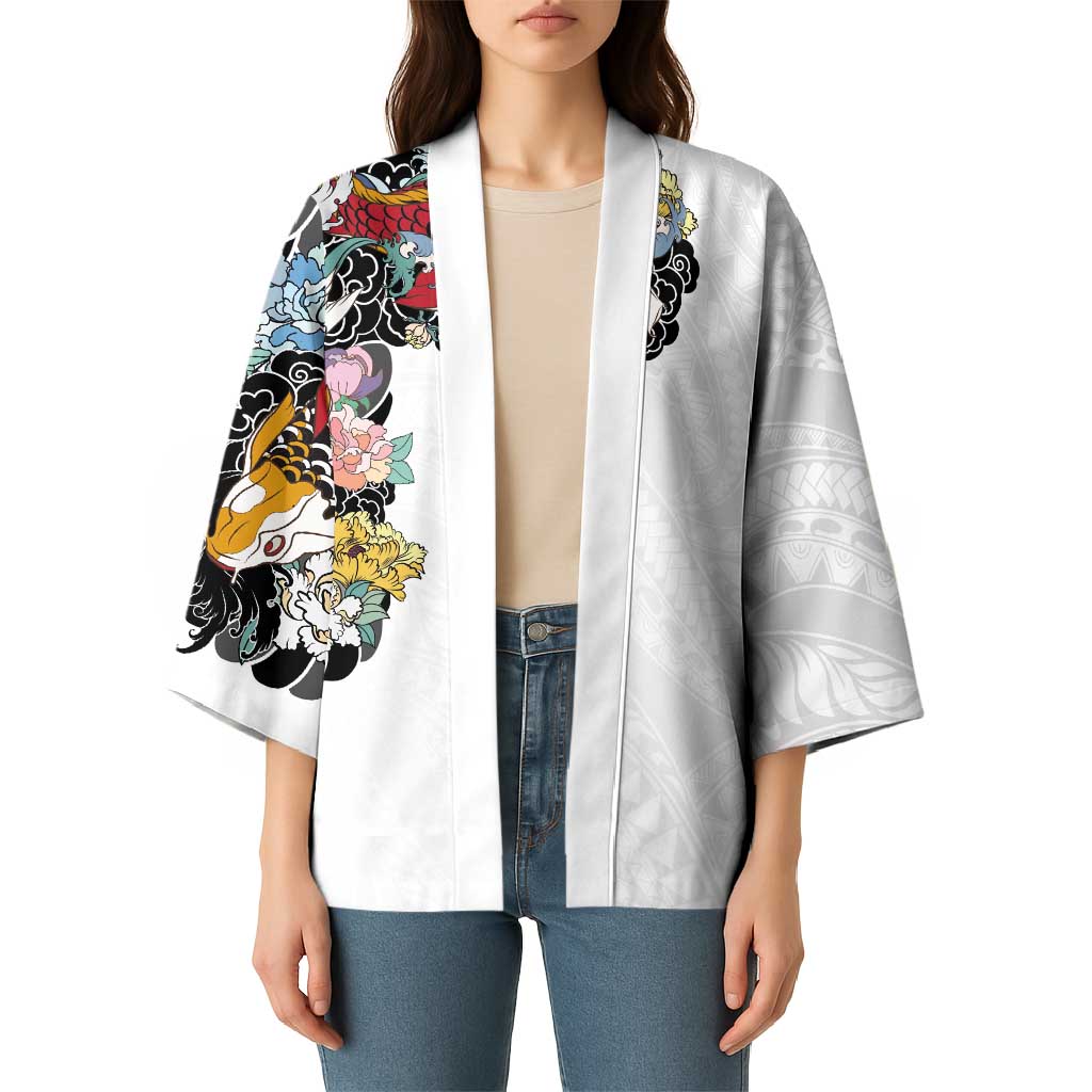 Hawaiian and Japanese Together Kimono Colorful Traditional Japanese Tattoo and Kakau Pattern White Color - Polynesian Pride