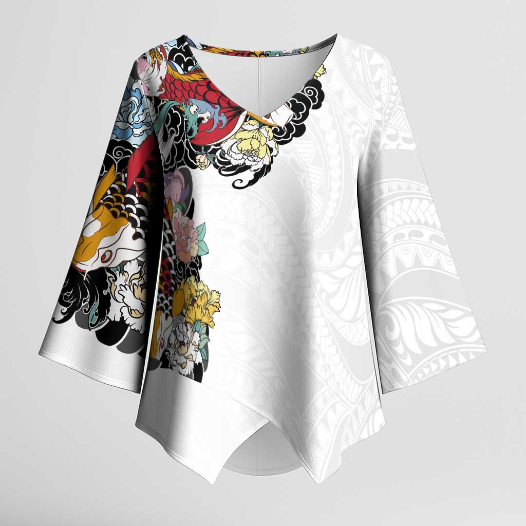 Hawaiian and Japanese Together Kimono Sleeve Blouse Colorful Traditional Japanese Tattoo and Kakau Pattern White Color - Polynesian Pride