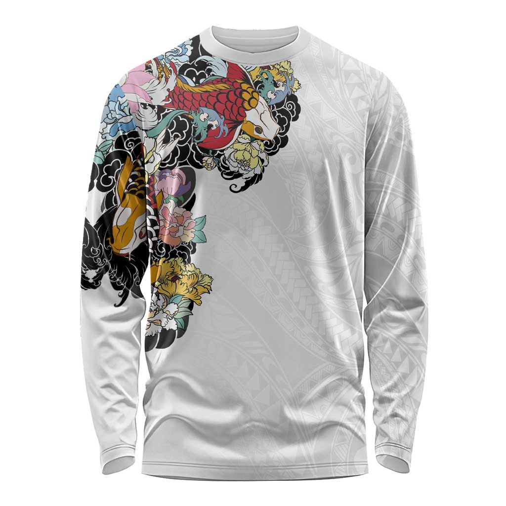 Hawaiian and Japanese Together Long Sleeve Shirt Colorful Traditional Japanese Tattoo and Kakau Pattern White Color LT03 Unisex White - Polynesian Pride