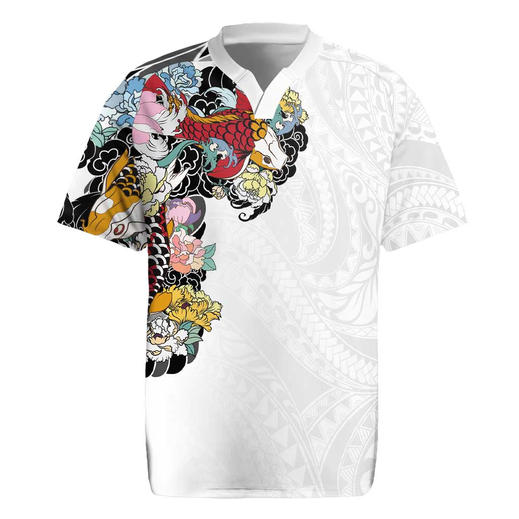 Hawaiian and Japanese Together Rugby Jersey Colorful Traditional Japanese Tattoo and Kakau Pattern White Color