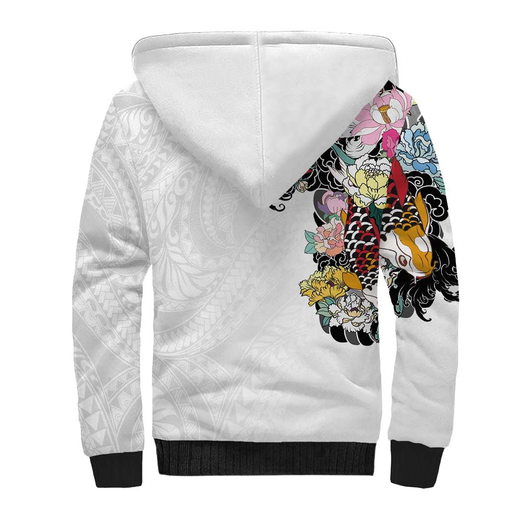 Hawaiian and Japanese Together Sherpa Hoodie Colorful Traditional Japanese Tattoo and Kakau Pattern White Color
