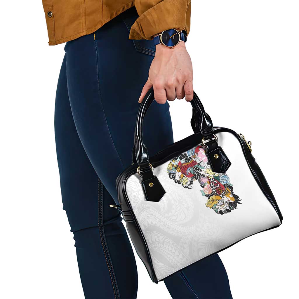 Hawaiian and Japanese Together Shoulder Handbag Colorful Traditional Japanese Tattoo and Kakau Pattern White Color