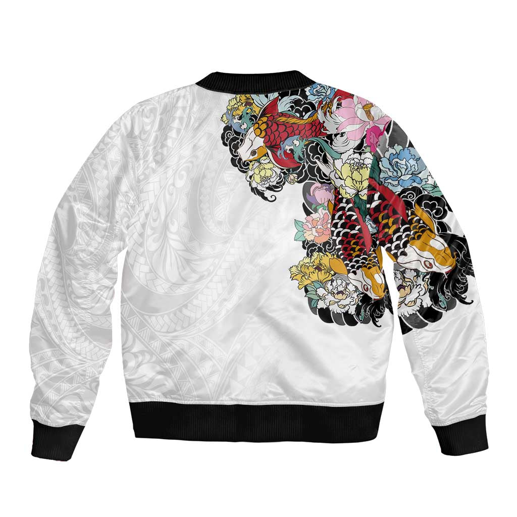Hawaiian and Japanese Together Sleeve Zip Bomber Jacket Colorful Traditional Japanese Tattoo and Kakau Pattern White Color LT03 - Polynesian Pride