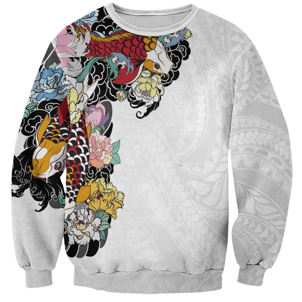 Hawaiian and Japanese Together Sweatshirt Colorful Traditional Japanese Tattoo and Kakau Pattern White Color LT03 Unisex White - Polynesian Pride