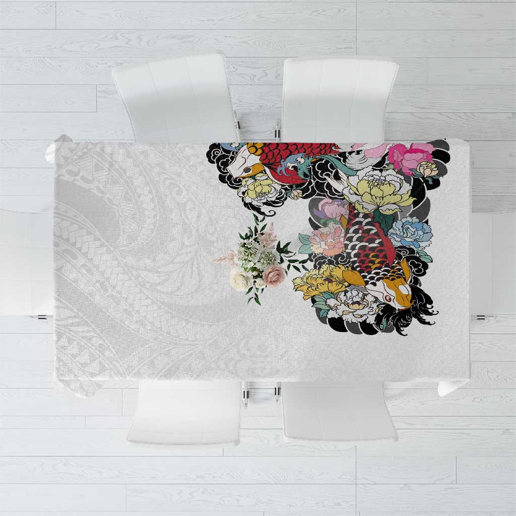 Hawaiian and Japanese Together Tablecloth Colorful Traditional Japanese Tattoo and Kakau Pattern White Color LT03 White - Polynesian Pride