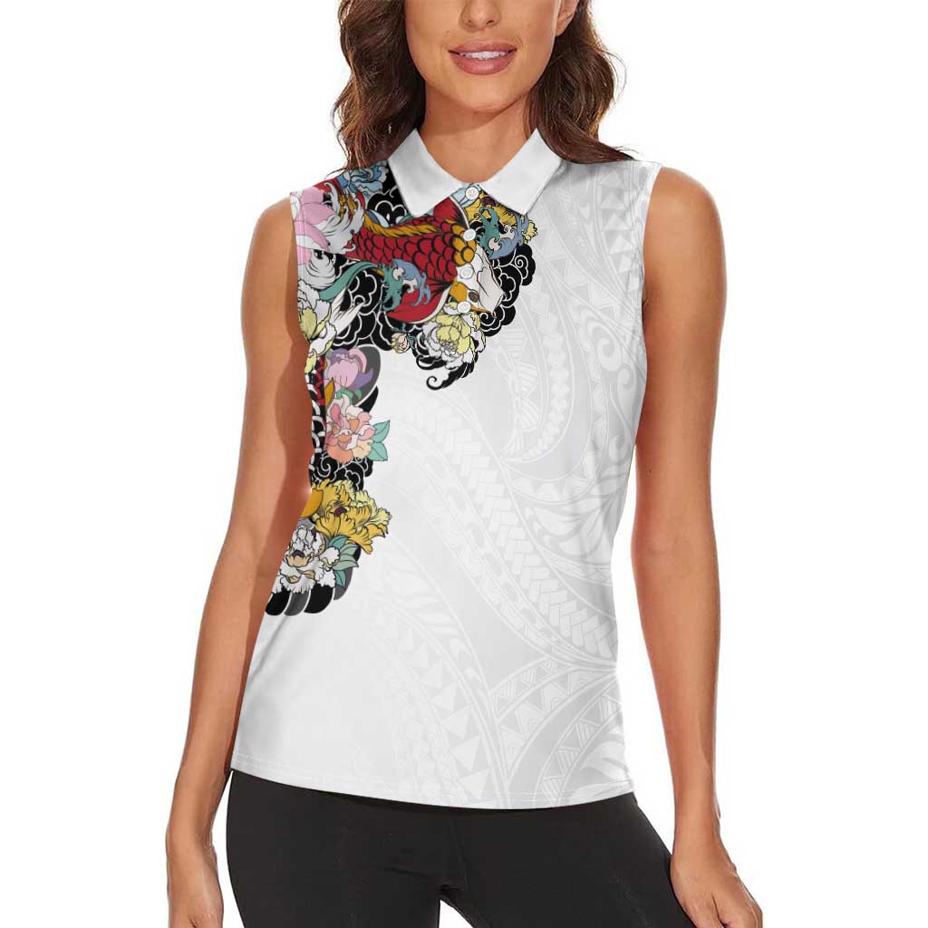 Hawaiian and Japanese Together Women Sleeveless Polo Shirt Colorful Traditional Japanese Tattoo and Kakau Pattern White Color