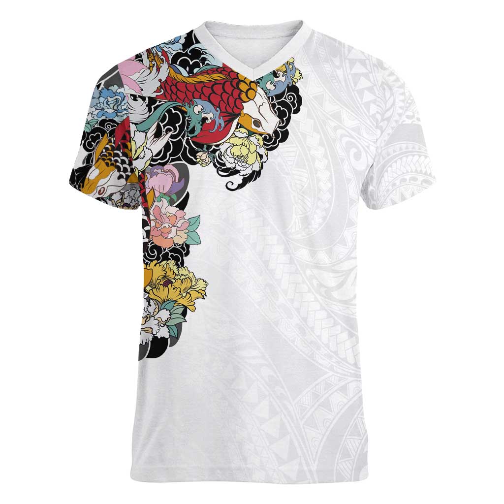 Hawaiian and Japanese Together Women V-Neck T-Shirt Colorful Traditional Japanese Tattoo and Kakau Pattern White Color LT03 Female White - Polynesian Pride