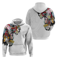 Hawaiian and Japanese Together Zip Hoodie Colorful Traditional Japanese Tattoo and Kakau Pattern White Color