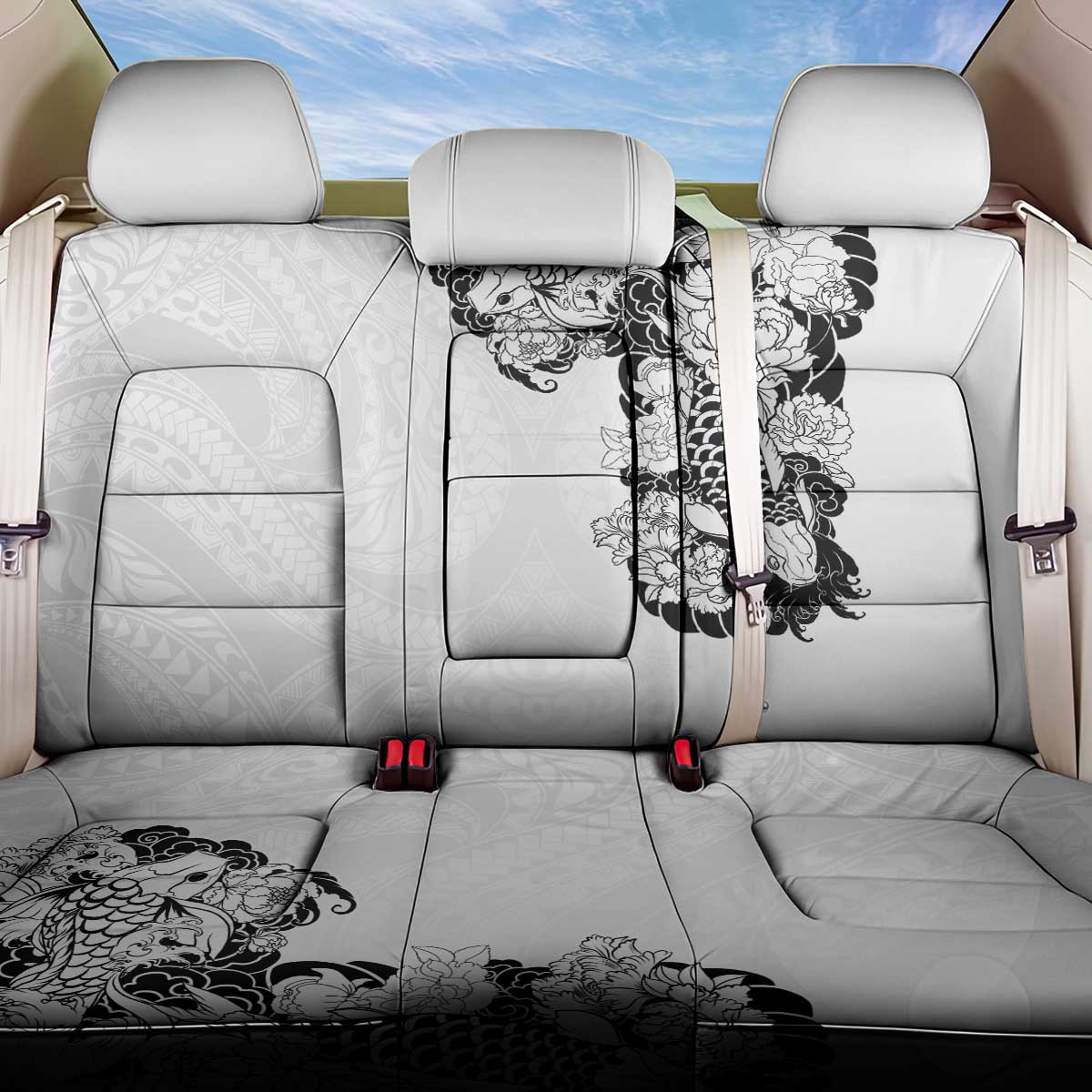 Hawaiian and Japanese Together Back Car Seat Cover Japanese Koi Fish Tattoo and Kakau Pattern White Color LT03 One Size White - Polynesian Pride