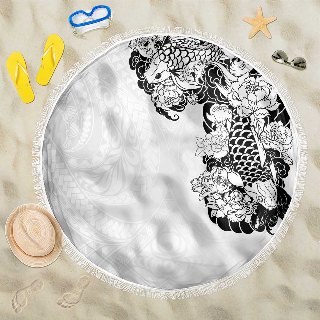 Hawaiian and Japanese Together Beach Blanket Japanese Koi Fish Tattoo and Kakau Pattern White Color LT03 One Size 150cm White - Polynesian Pride