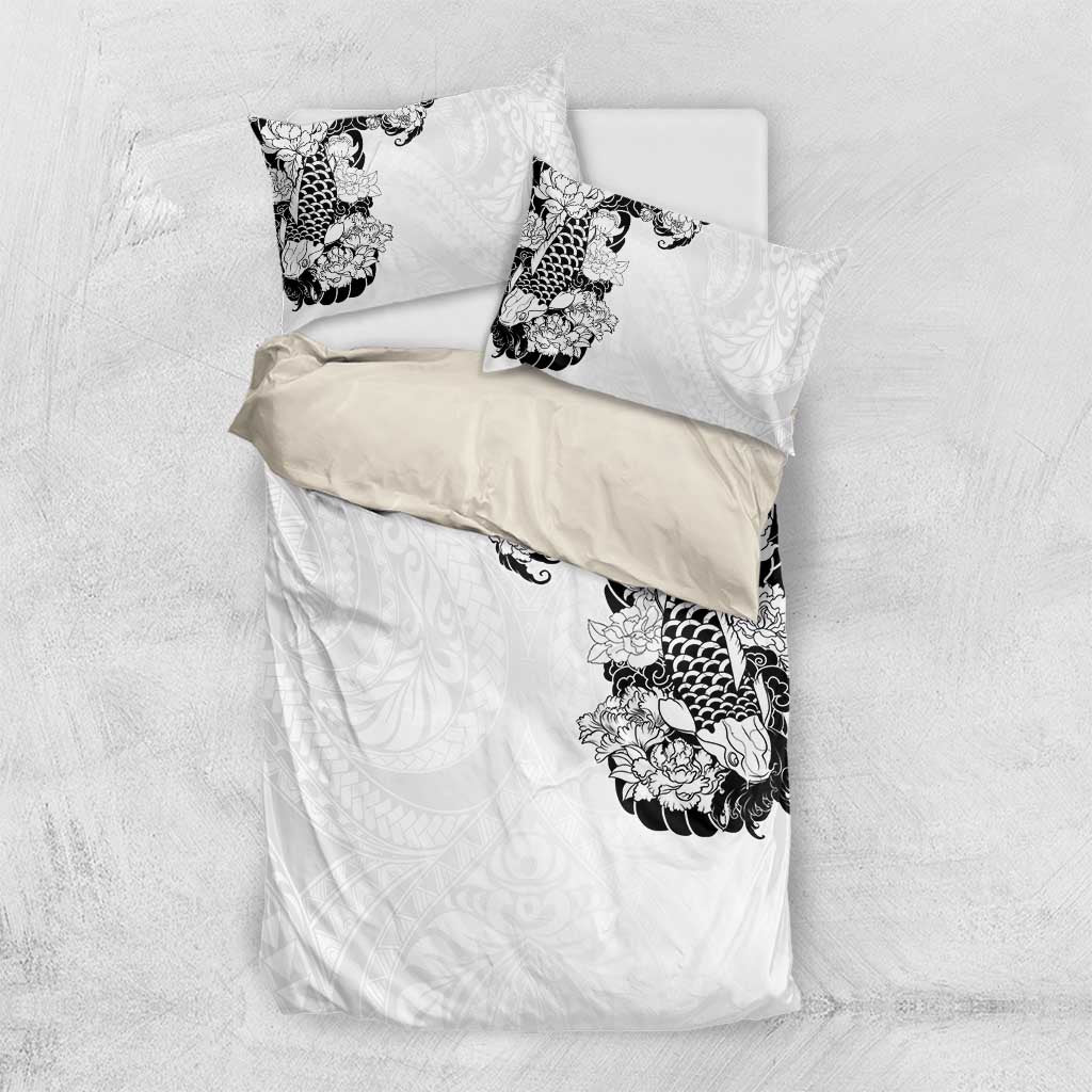 Hawaiian and Japanese Together Bedding Set Japanese Koi Fish Tattoo and Kakau Pattern White Color