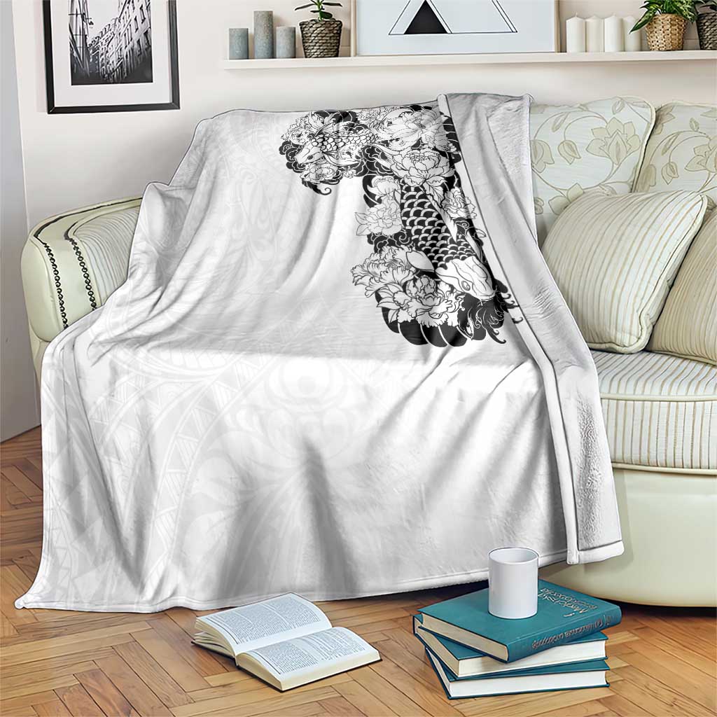 Hawaiian and Japanese Together Blanket Japanese Koi Fish Tattoo and Kakau Pattern White Color LT03 White - Polynesian Pride