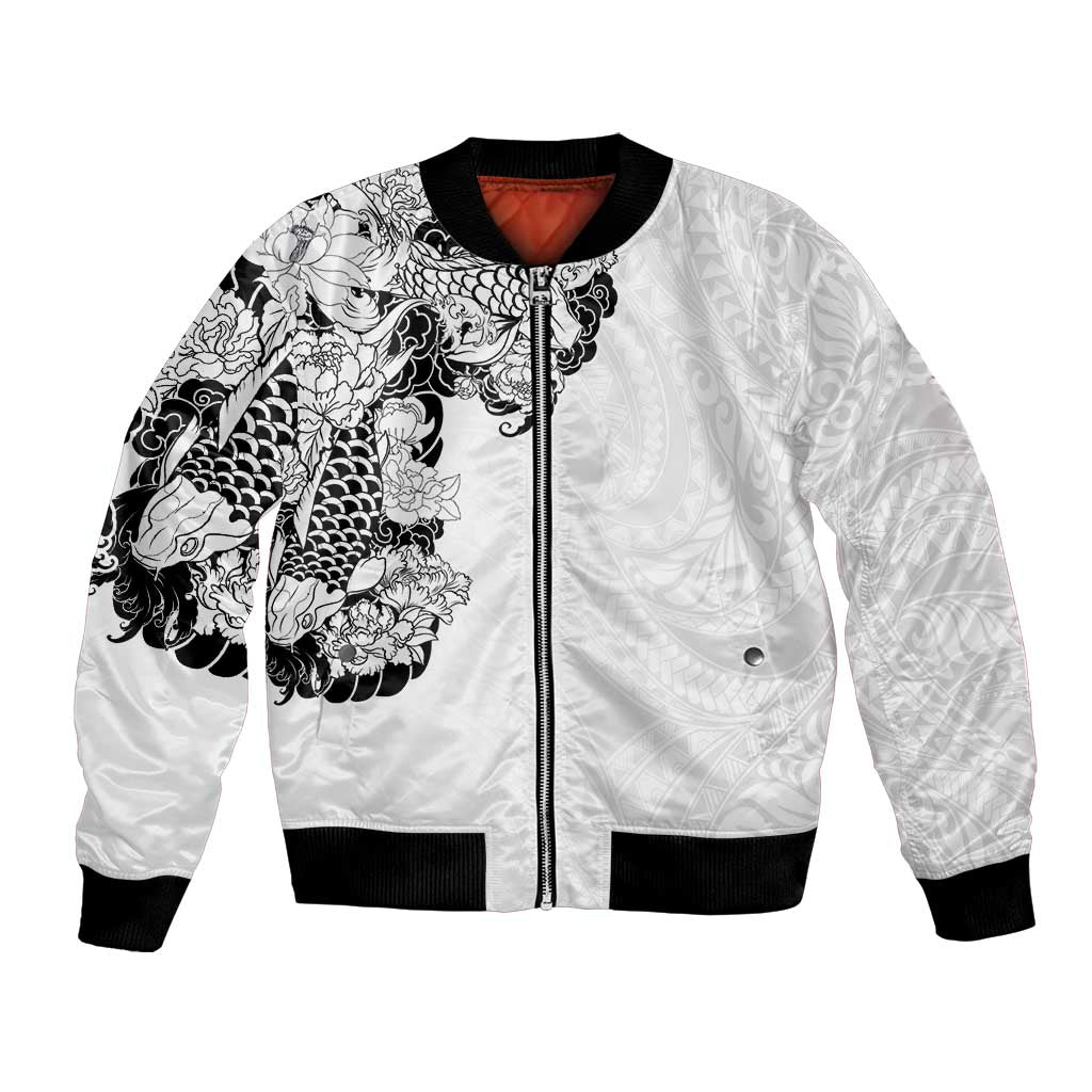 Hawaiian and Japanese Together Bomber Jacket Japanese Koi Fish Tattoo and Kakau Pattern White Color LT03 Unisex White - Polynesian Pride