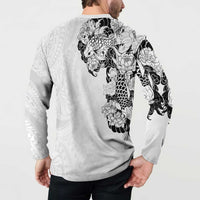 Hawaiian and Japanese Together Button Sweatshirt Japanese Koi Fish Tattoo and Kakau Pattern White Color