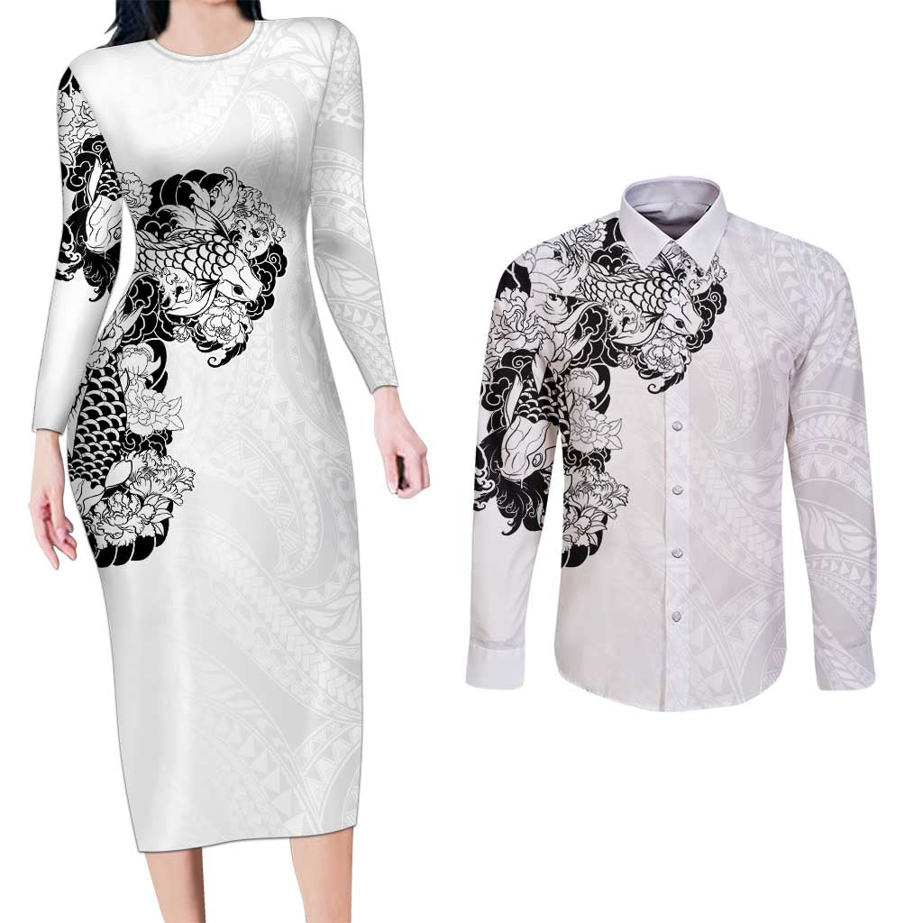 Hawaiian and Japanese Together Couples Matching Long Sleeve Bodycon Dress and Long Sleeve Button Shirt Japanese Koi Fish Tattoo and Kakau Pattern White Color LT03 White - Polynesian Pride
