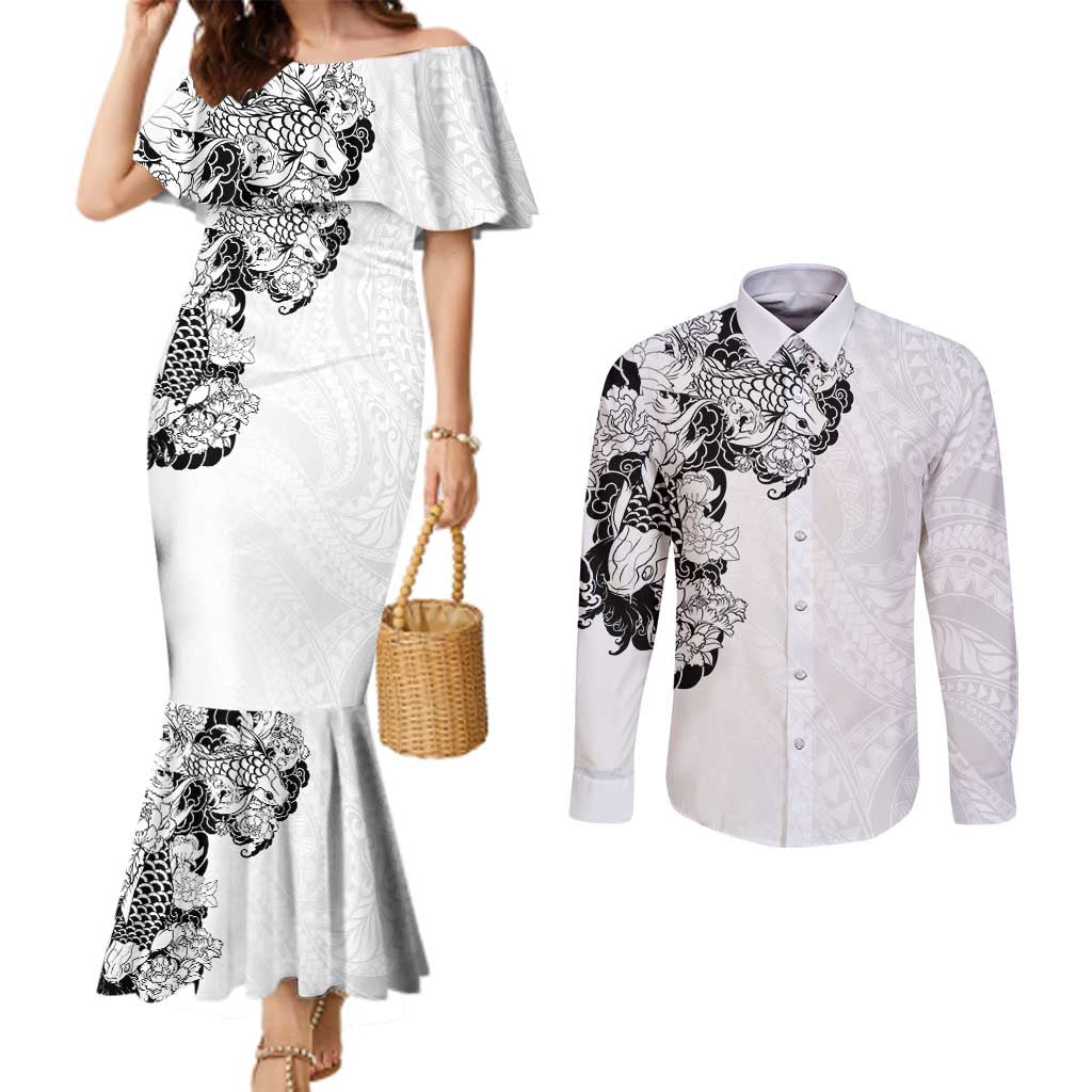 Hawaiian and Japanese Together Couples Matching Mermaid Dress and Long Sleeve Button Shirt Japanese Koi Fish Tattoo and Kakau Pattern White Color LT03 White - Polynesian Pride