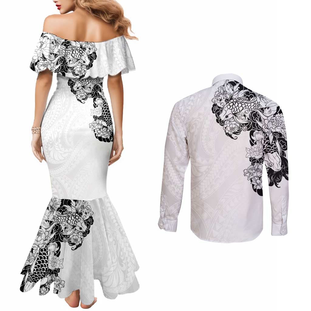 Hawaiian and Japanese Together Couples Matching Mermaid Dress and Long Sleeve Button Shirt Japanese Koi Fish Tattoo and Kakau Pattern White Color
