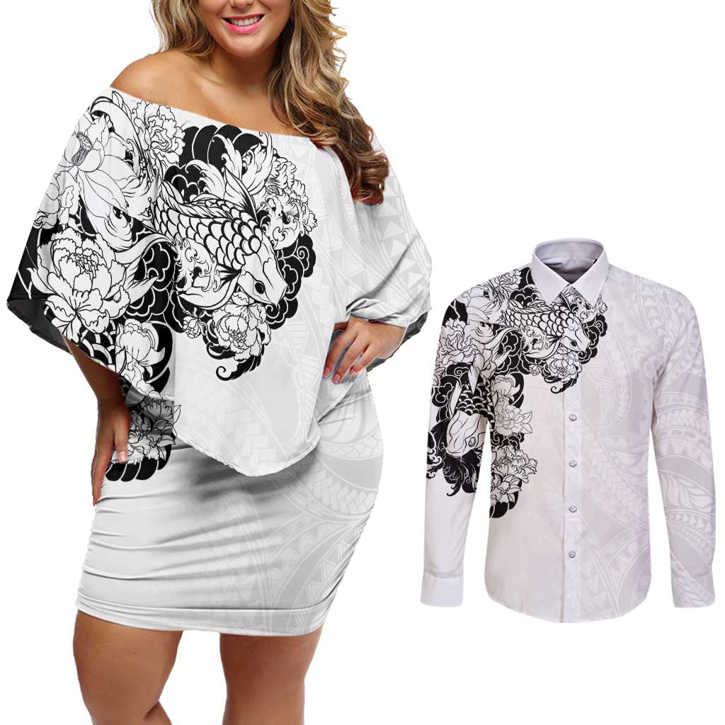 Hawaiian and Japanese Together Couples Matching Off Shoulder Short Dress and Long Sleeve Button Shirt Japanese Koi Fish Tattoo and Kakau Pattern White Color LT03 White - Polynesian Pride