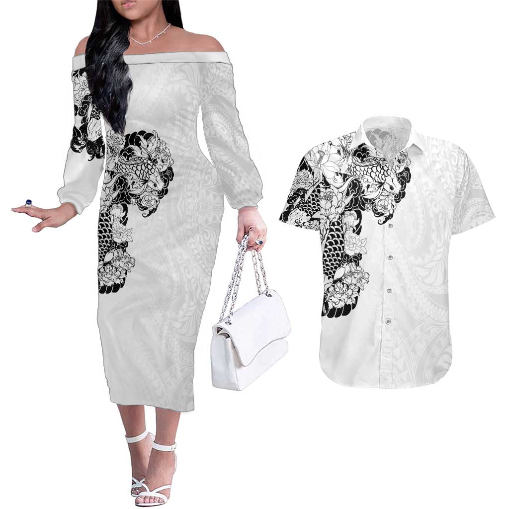 Hawaiian and Japanese Together Couples Matching Off The Shoulder Long Sleeve Dress and Hawaiian Shirt Japanese Koi Fish Tattoo and Kakau Pattern White Color LT03 White - Polynesian Pride