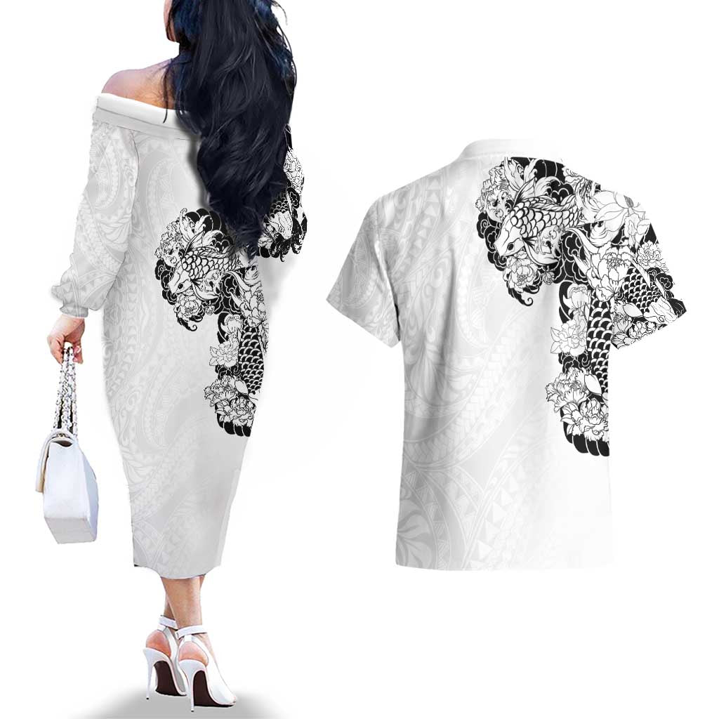 Hawaiian and Japanese Together Couples Matching Off The Shoulder Long Sleeve Dress and Hawaiian Shirt Japanese Koi Fish Tattoo and Kakau Pattern White Color