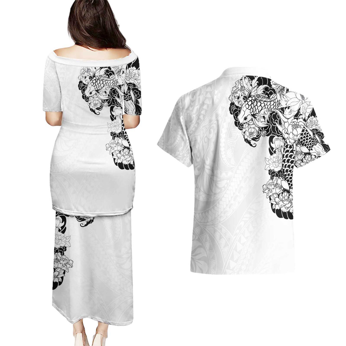 Hawaiian and Japanese Together Couples Matching Puletasi and Hawaiian Shirt Japanese Koi Fish Tattoo and Kakau Pattern White Color