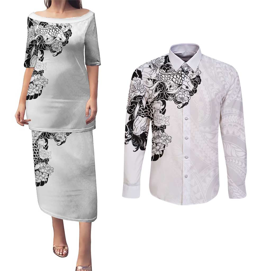 Hawaiian and Japanese Together Couples Matching Puletasi and Long Sleeve Button Shirt Japanese Koi Fish Tattoo and Kakau Pattern White Color LT03 White - Polynesian Pride