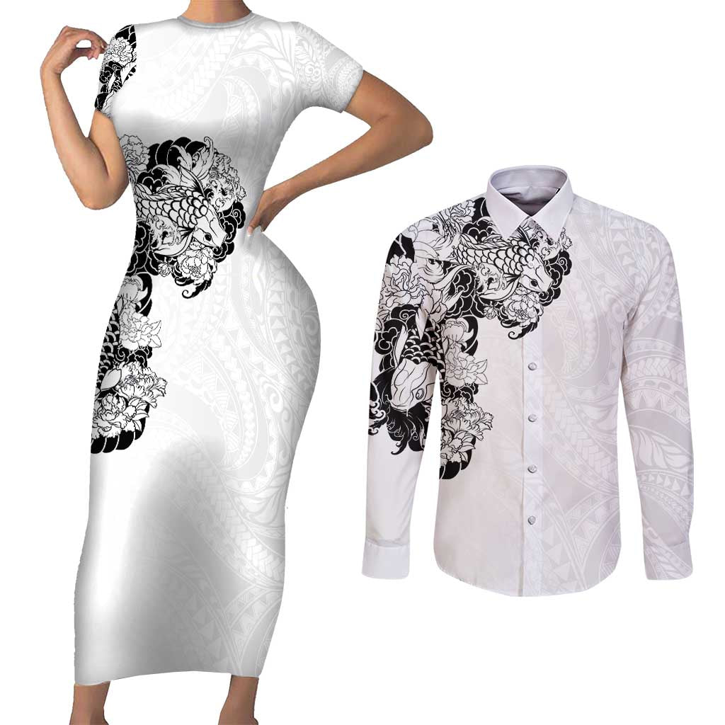 Hawaiian and Japanese Together Couples Matching Short Sleeve Bodycon Dress and Long Sleeve Button Shirt Japanese Koi Fish Tattoo and Kakau Pattern White Color LT03 White - Polynesian Pride