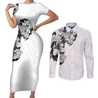 Hawaiian and Japanese Together Couples Matching Short Sleeve Bodycon Dress and Long Sleeve Button Shirt Japanese Koi Fish Tattoo and Kakau Pattern White Color