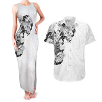 Hawaiian and Japanese Together Couples Matching Tank Maxi Dress and Hawaiian Shirt Japanese Koi Fish Tattoo and Kakau Pattern White Color