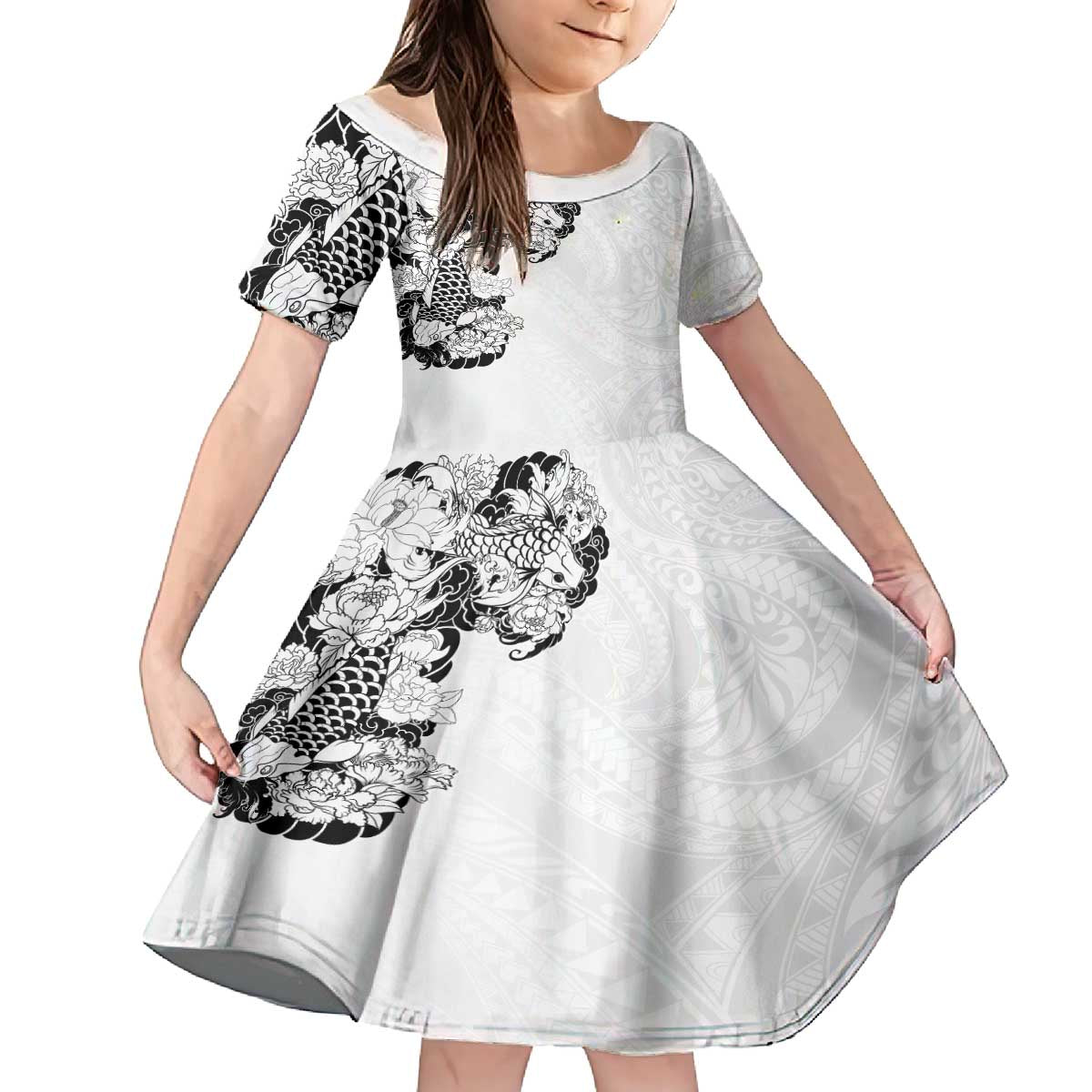 Hawaiian and Japanese Together Family Matching Off The Shoulder Long Sleeve Dress and Hawaiian Shirt Japanese Koi Fish Tattoo and Kakau Pattern White Color LT03 Daughter's Dress White - Polynesian Pride