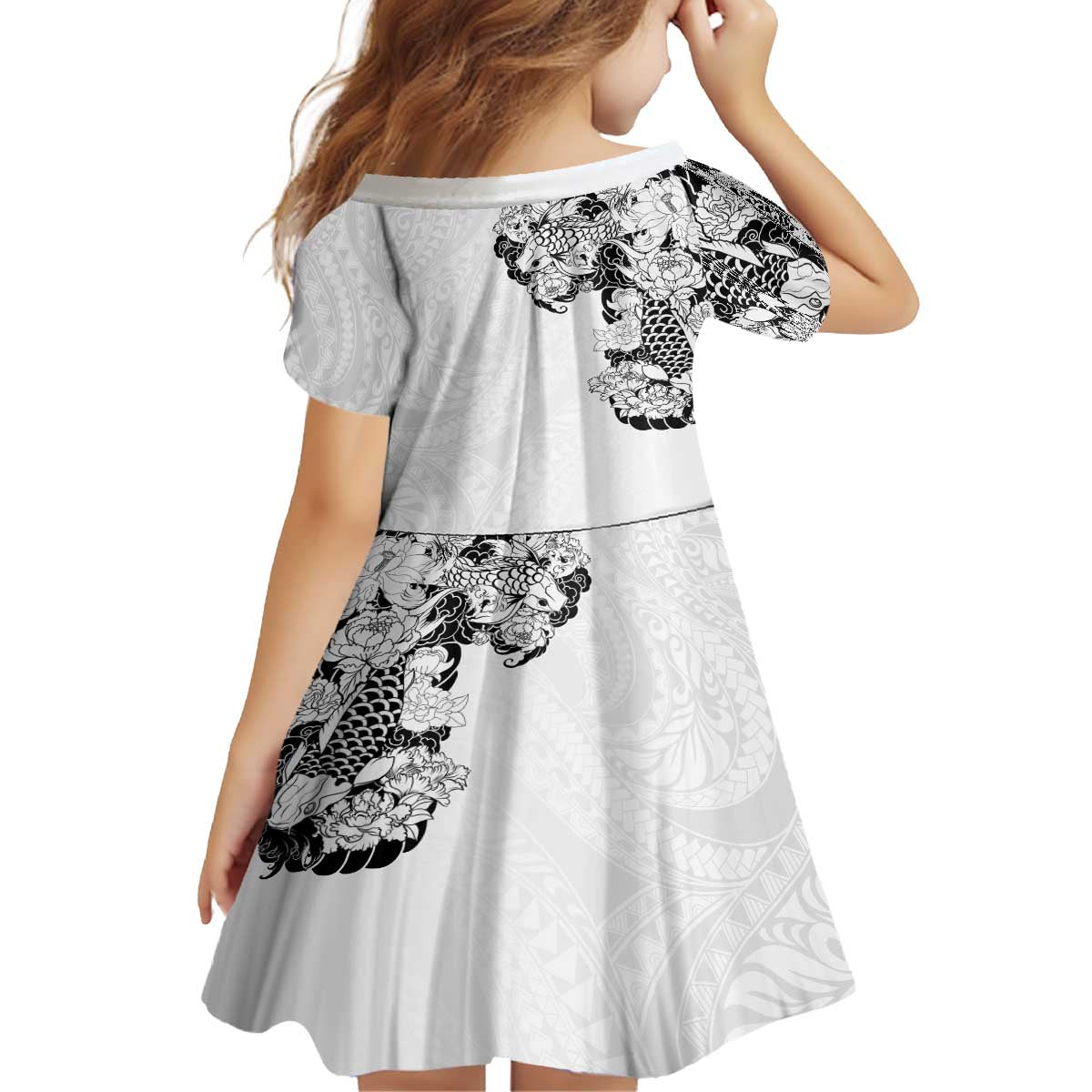 Hawaiian and Japanese Together Family Matching Off The Shoulder Long Sleeve Dress and Hawaiian Shirt Japanese Koi Fish Tattoo and Kakau Pattern White Color LT03 - Polynesian Pride