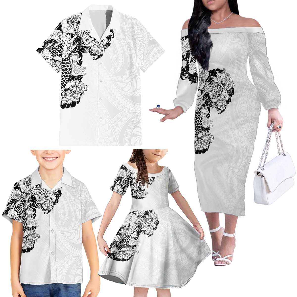 Hawaiian and Japanese Together Family Matching Off The Shoulder Long Sleeve Dress and Hawaiian Shirt Japanese Koi Fish Tattoo and Kakau Pattern White Color LT03 - Polynesian Pride