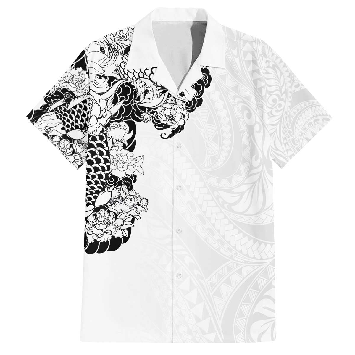 Hawaiian and Japanese Together Family Matching Off The Shoulder Long Sleeve Dress and Hawaiian Shirt Japanese Koi Fish Tattoo and Kakau Pattern White Color LT03 Dad's Shirt - Short Sleeve White - Polynesian Pride