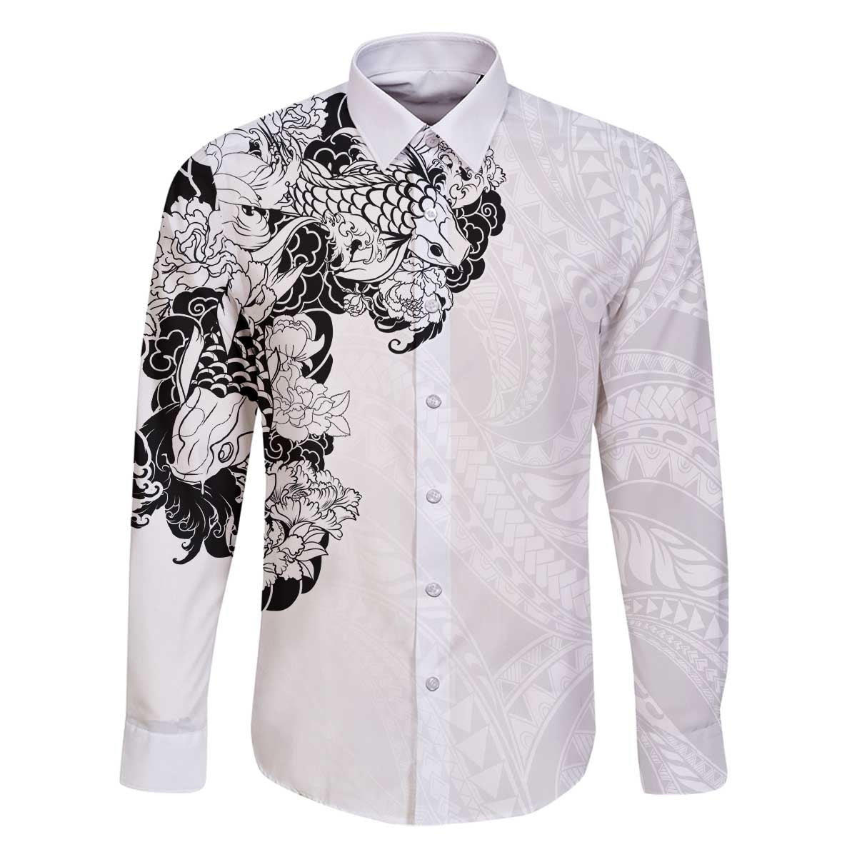 Hawaiian and Japanese Together Family Matching Off The Shoulder Long Sleeve Dress and Hawaiian Shirt Japanese Koi Fish Tattoo and Kakau Pattern White Color LT03 Dad's Shirt - Long Sleeve White - Polynesian Pride